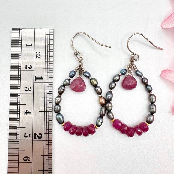 Gray Peackcock Pearl Ruby Bead Drop Hoop Dangle Earrings 925 Stamped Mermaidcore - Picture 6 of 9